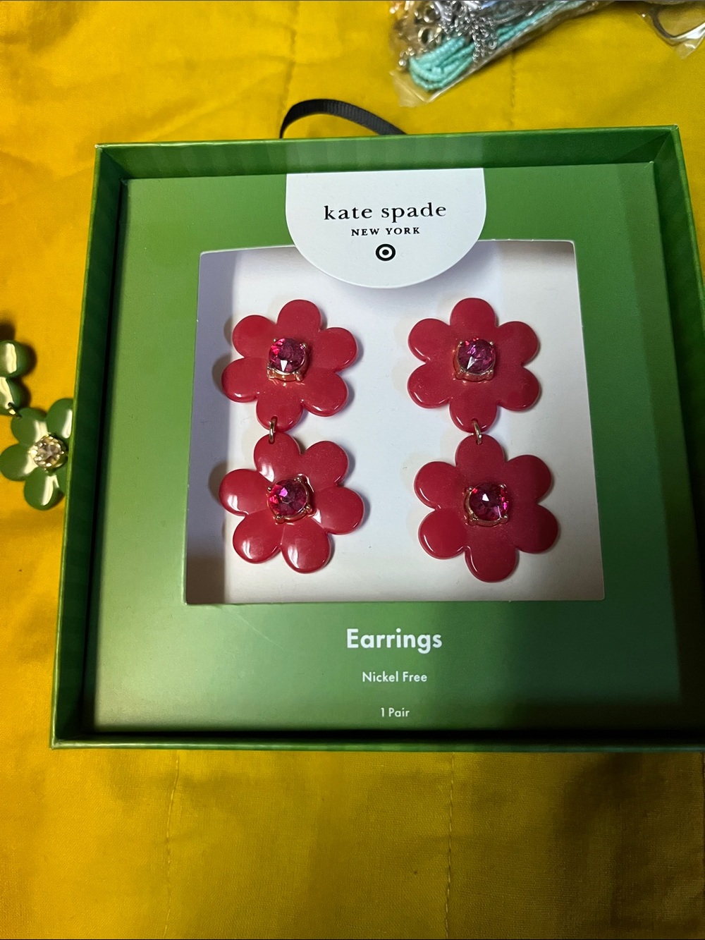 kate spade red double flower drop earrings and green 2 pairs